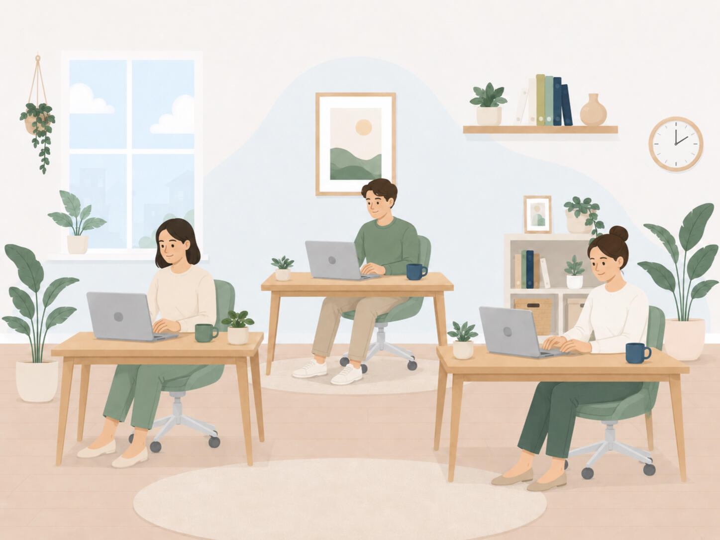 cosy clean office environment a cosy office with three people working on laptops. there are lots of plants in the room. friendly clean flat illustration.