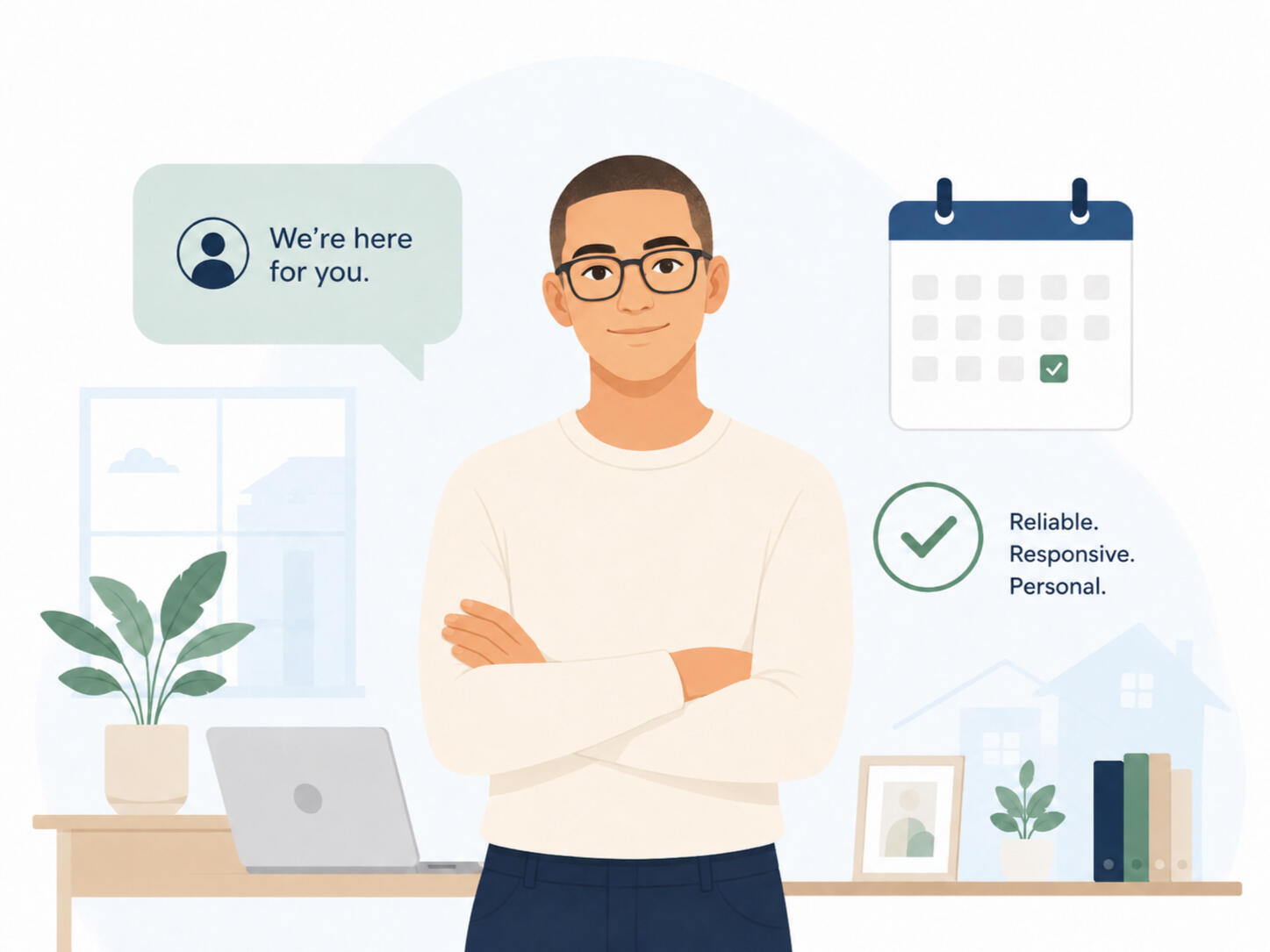 reliable cleaning person a young man standing in front of a desk with some graphical elements like a chat window saying "we're here for you" and a check mark with reliable, responsive, personal claims.